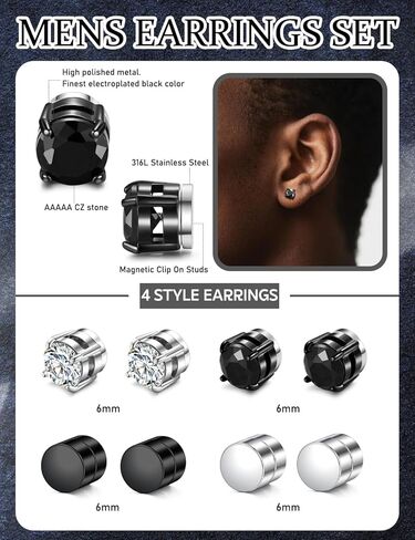 4 Pairs Stainless Steel Magnetic Stud Earrings for Men Women Non Piercing Clip on CZ Earrings 6MM (4 Pairs a Set,6MMBlack + Silver) in Saudi Arabia