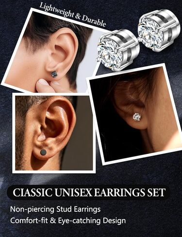 4 Pairs Stainless Steel Magnetic Stud Earrings for Men Women Non Piercing Clip on CZ Earrings 6MM (4 Pairs a Set,6MMBlack + Silver) in Saudi Arabia