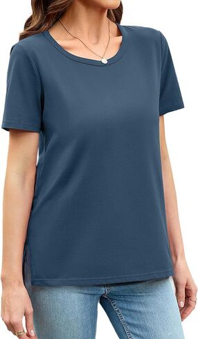 Herou Summer Women Casual Short Sleeve Tops T-Shirts Tees with Side Split in Kuwait