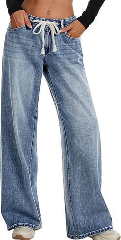 ELLEVEN Women’s Low Rise Baggy Jeans, Casual Drawstring Wide Leg Denim Pants with Pockets in Saudi Arabia