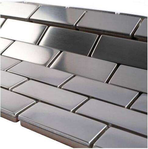 TENEDOS Silver Stainless Steel 1x2 بلاط فسيفساء من الطوب للبلاط باكسبلاش المطبخ ، وجدار دش الحمام ، والمدفأة ، وديكور لهجة - الانتهاء من المعادن الحديثة - من السهل التثبيت in Kuwait