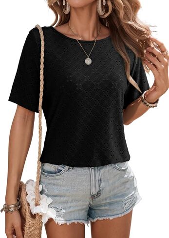 Dokotoo Women's Casual Crewneck Short Sleeve Hollow Out Lace Shirts Summer Eyelet Tunic Tops Blouses in Saudi Arabia