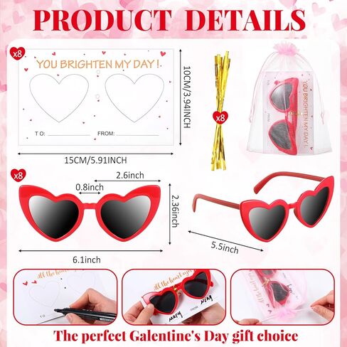 Geiserailie 8 قطع Galentines Day Party Favors نظارات شمسية على شكل قلب مع بطاقات لGalentines Valentines Exchange Gifts حافة حمراء عين القطة على شكل قلب نظارات شمسية للفتيات السيدات هدايا الحفلات in Saudi Arabia