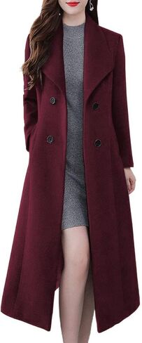 ebossy Women's Shawl Collar Double Breasted Below Knee Slim Wool Trench Long Coat in Saudi Arabia