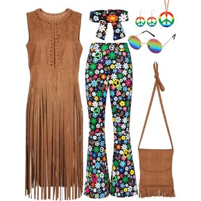 SOMSOC 7 Pieces 70s Women Hippie Costume Fringe Vest Bag Pant Headband for Halloween in Kuwait
