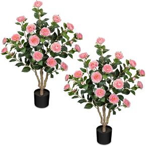 3ft Artificial Camellia Tree Fake Camellia Plant with Pink Flowers Faux Floral Plant Blooming Tree in Black Pot for Indoor Outdoor Office Home Front Door Porch Decor (1 Pack - Pink) in Saudi Arabia