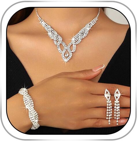 Gangel Bridal Wedding Necklace Set Silver Rhinestone Necklace Sets Crystal Earring and Bracelet Jewelry Prom for Women in Saudi Arabia