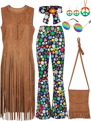 SOMSOC 7 Pieces 70s Women Hippie Costume Fringe Vest Bag Pant Headband for Halloween in Kuwait