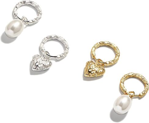 Pearl Hoop Earrings for Women | Unique Mismatched Gold and Silver Plated Pearl and Heart Dangle Earrings | Statement Hammered Gold Huggie Y2k Aesthetic Earrings in Saudi Arabia