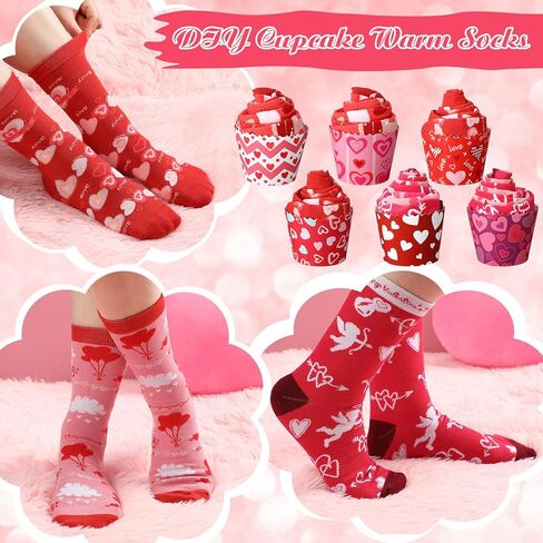 6 Pairs Valentine's Day Cupcake Socks Gifts Heart Socks for Women Heart Print Crew Socks Novelty Socks in Saudi Arabia