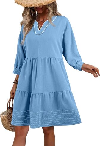 BLENCOT Summer Dresses for Women Casual V Neck 3/4 Puff Sleeve Boho A-line Tiered Babydoll Dress in Saudi Arabia