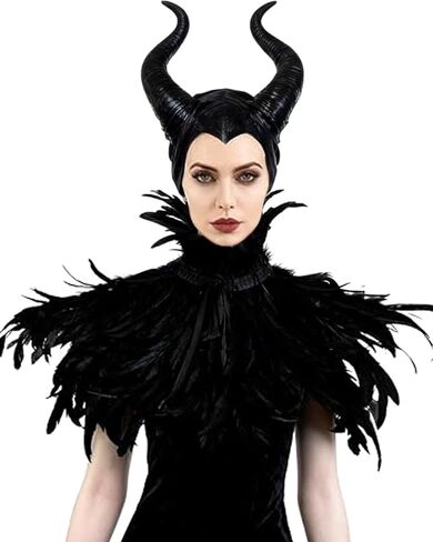L'VOW Gothic Black Feather Cape Shawl with Maleficent Horns for Halloween Crow Costume in Kuwait