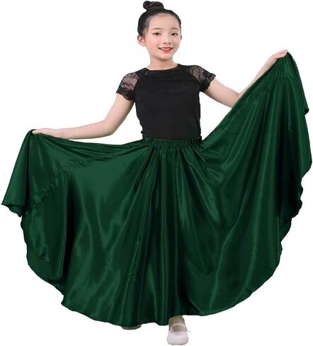 Girls Satin Full Dancing Circle Long Flowy Dance Skirt for Belly Dance, Flamenco, Classical & Folk Dance in Kuwait