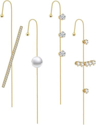 Ear Cuff Crawler Earrings for Women Fashion Ear Wrap Hook Earrings Long Piercing Rhinestone Slash Curve Pearl Style Earring Set Gold Pierced Clip Earring Trendy Jewelry Gifts in Saudi Arabia