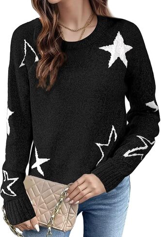 Flamingals Sweaters for Women Crewneck Long Sleeve Pattern Drop Shoulder Casual Kintted Sweater for Women Trendy in Saudi Arabia