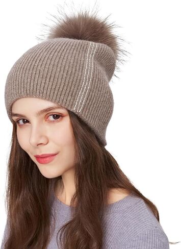 Women's Knitted Angora Wool Hat for Autumn and Winter Warm and Stylish with Rolled Brim and Slanted Rhinestones Cap in Saudi Arabia