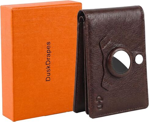 محفظة DuskDrapes الجلدية مع AirTag-RFID Blocking Bifold Wallet للرجال، حامل بطاقة ائتمان نحيف مع نافذة لبطاقة الهوية. فتحات للبطاقات وجيب للنقود، محفظة جلدية بنية للاستخدام اليومي والسفر (النمط A) in Saudi Arabia