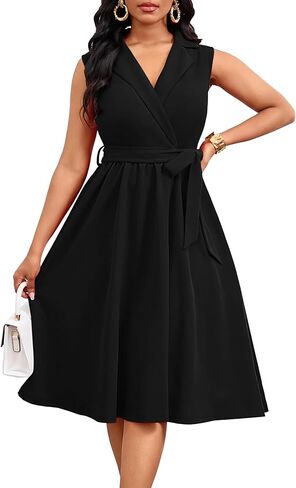 Nmoder Midi Dress for Women Cocktail Sleeveless Fit and Flare Casual Work Lapel V Neck A-Line Dresses in Saudi Arabia
