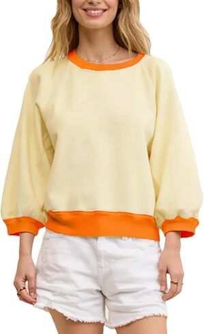 Womens 3/4 Puff Sleeve Round Neck Sweatshirts Color Block Casual Pull on Tops 2025 Fashion Cotton Blouses in Saudi Arabia
