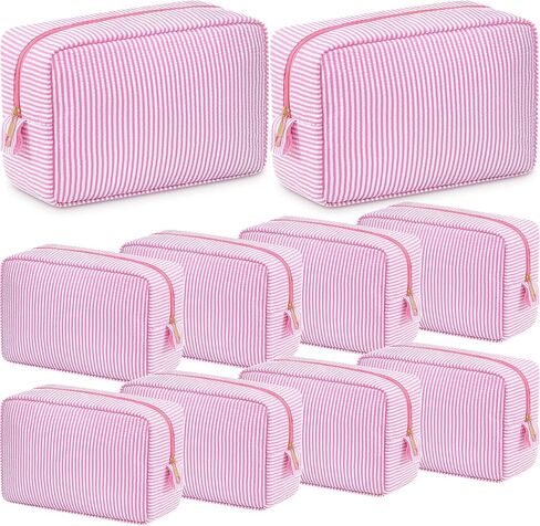 Sanwuta 10 Pcs Seersucker Cosmetic Bag Seersucker Makeup Bag Women Stripe Large Travel Toiletry Organizer Preppy Storage Pouch for Embroidery Wedding Bridesmaid Bride Mom(Pink) in Saudi Arabia