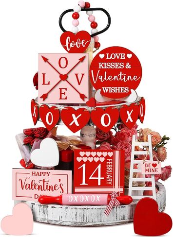 Spiareal 15 Pcs Valentine's Day Tiered Tray Decor Set Red Heart Love Wooden Signs Rustic Farmhouse Tray Signs Valentine Day Table Decorations for Romantic XOXO Home Kitchen Shelf Decor(Red, White) in Saudi Arabia