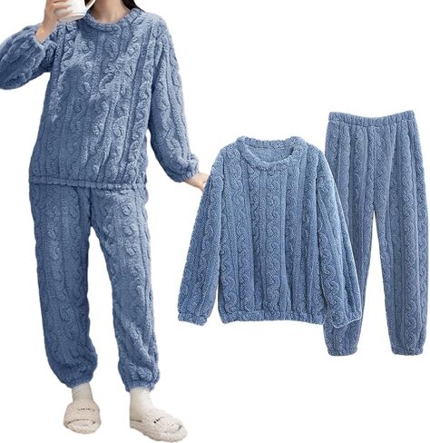 Women's Ultra-Soft Textured Fleece Pajama Set - Cozy Long Sleeve Loungewear Sleepwear in Saudi Arabia