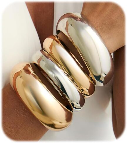 ZMJK Gold Chunky Bangle Bracelets for Women Exaggerate Thick Wide Stackable Bracelet Set Trendy Shiny Silver Wrist Cuff Statement Big Bangle Minimalist Jewelry Accessories in Saudi Arabia
