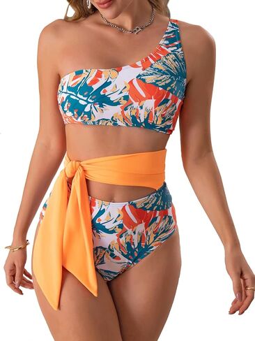 Eomenie Tummy Control Two Piece Bathing Suits for Women One Shoulder 2 Piece Swimsuit Tie Side High Waisted Bikini in Saudi Arabia