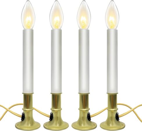 4 Pack Electric Christmas Window Candles Lights with C26 0.6W Plug in Clear Light Bulbs, 9in Candlesticks Lights with Golden Plated Base, Electric Candle Set for Kitchen Window Table Valentines Decor in Saudi Arabia