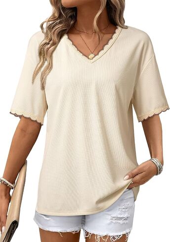Dokotoo Womens Summer Tops Casual Short Sleeve Lace T-Shirts Solid V Neck Waffle Knit Shirts Blouses in Saudi Arabia