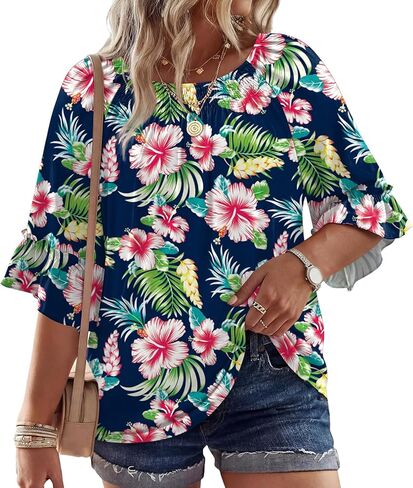WIHOLL Plus Size Tops for Women 3/4 Length Sleeve Blouses Dressy Casual Tshirts Shirts Fahion Summer Outfits in Saudi Arabia