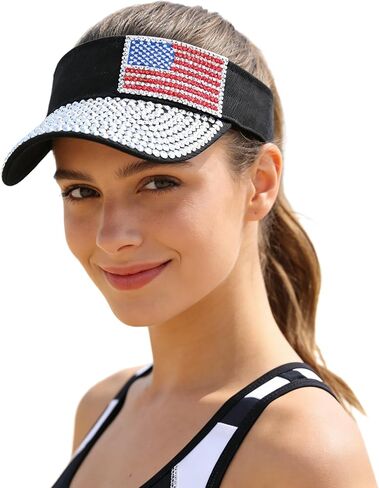 USA Flag Sparkly Rhinestones Visor Hat Womens Bling Open-Top Baseball Cap with Adjustable Strap 4th July Patriotic Hat in Saudi Arabia