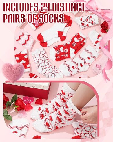 Liitrsh 24 Pairs Valentine's Day Womens Fuzzy Socks Heart Warm Fluffy Winter Fleece Soft Thick Slipper Socks Galentines Gifts in Saudi Arabia