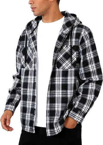 Lightweight Hooded Flannel Shirt for Men Fall Casual Button Down Shirt Long Sleeve Plaid Hoodie with Pocket in Saudi Arabia