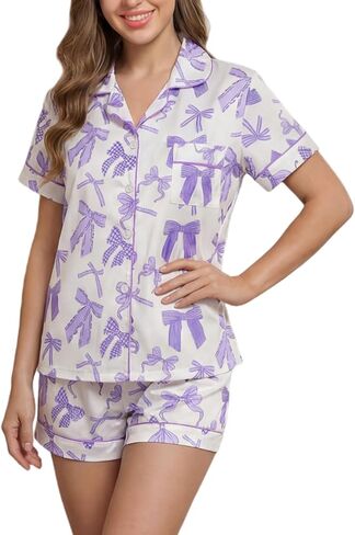 PUNINGXS Women's Pajama Set Short Sleeved Button Top and Shorts Cute Pjs with Chest Pocket Two Piece Jammies Outfits Set in Saudi Arabia