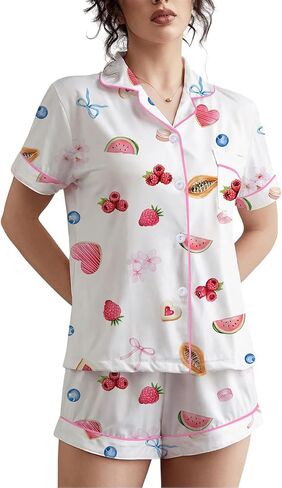 PUNINGXS Women's Pajama Set Short Sleeved Button Top and Shorts Cute Pjs with Chest Pocket Two Piece Jammies Outfits Set in Saudi Arabia