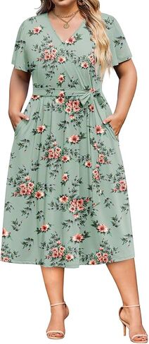 IN'VOLAND Women Plus Size Summer Dress Short Sleeve Floral Midi Dresses Vneck Belted Vacation Beach Sundress with Pockets in Saudi Arabia