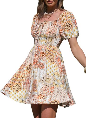 Byinns Women's Sweetheart Neckline Dress Smocked Sundress Puff Short Sleeve Drawstring Dresses in Saudi Arabia