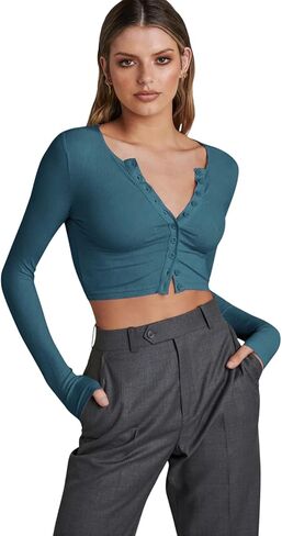 CARPLSU Womens Long Sleeve Crop Tops Button Down Shirt Rib-Knit Slim Fitted Shirts Vneck T Shirt in Saudi Arabia