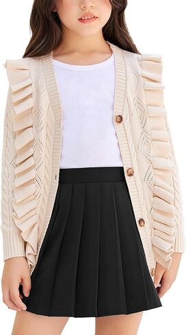 Arshiner Girls Cardigan Sweaters Ruffle School Uniform Sweater V Neck Button Front Outerwear 4-13 Years in Kuwait