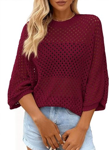 KIRUNDO Crochet Tops for Women Summer Hollow Out Batwing Sleeve Cover Up Cute Pullover Sweater Shirts Beach Vacations Clothes in Saudi Arabia