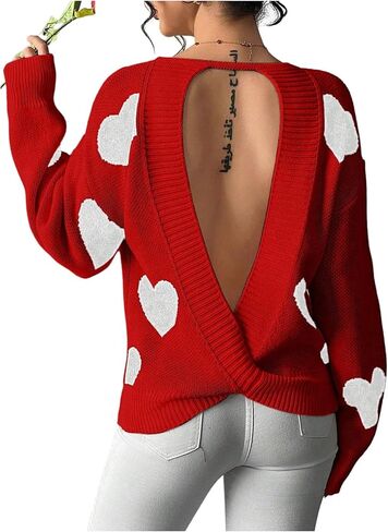 Floerns Women's Heart Open Back Fall Sweater Crewneck Trendy Knit Pullover Tops in Saudi Arabia