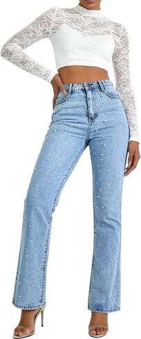 CFNZER Pearl Jeans for Women Y2K Boyfriend Baggy Straight Wide Leg Jeans Rhinestone Casual Denim Pants in Saudi Arabia