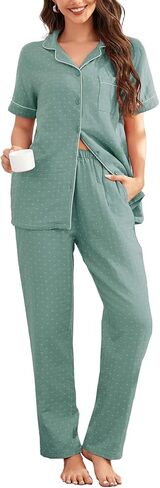 Flygo Cotton Pajamas for Women Set Short Sleeve Button Down Pajamas Soft Cute Pjs 2 Piece Lounge Set Sleepwear in Saudi Arabia