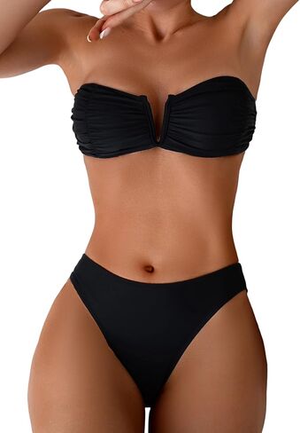 SHENHE Women's Strapless Swimsuit 2 Piece Ruched V Cut Bandeau Tube Top Bikini Set in Saudi Arabia
