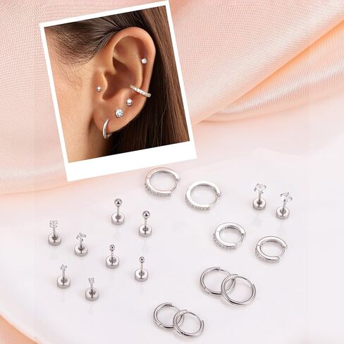 Gold Earrings Sets for Multiple Piercing 14K Gold Plated Small Huggie Hoop Earrings for Women CZ Gold Flat Back Stud Earrings for Women Cartilage Earrings in Saudi Arabia