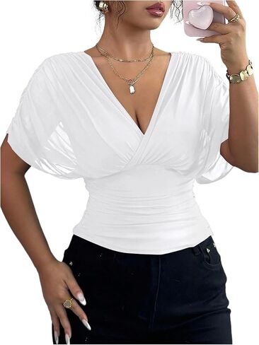 BEAUDRM Women's Wrap Tops Sheer Mesh Dolman Sleeve Tees Cinched Waist Ruched Tie Back Casual Shirts in Saudi Arabia