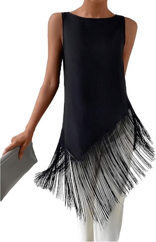 SHENHE Women's Sleeveless Fringe Hem Tank Top Crew Neck Asymmetrical Hem Dressy Shirts in Saudi Arabia