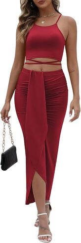 HUUSA Women's Sexy 2 Piece Skirt Sets Elegant Bodycon Maxi Dress Sleeveless Tank Shirt Tops High Waist Ruched Slit Long Dress in Saudi Arabia