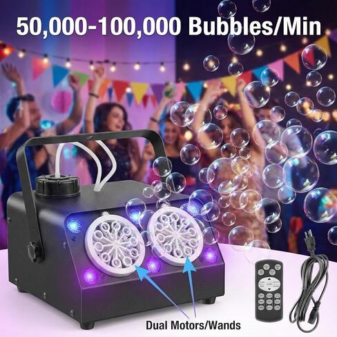 VStoy Wireless Remote Control Double Nozzle Bubble Machine with 6 RGB LED Lights, Producing 120,000 Bubbles per Minute. Metal Shell, Perfect for Kids' Parties, Weddings,Halloween Events in Kuwait